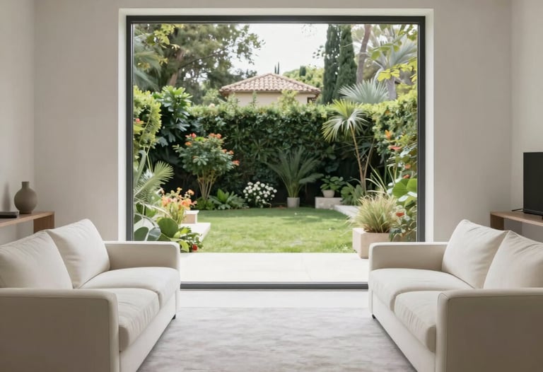 Minimalist interior of a living room with a large window overlooking an Anatolian garden. Off-white furniture and light gray rug. Clean aesthetic.