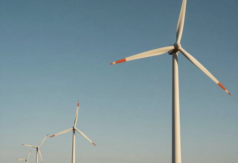 Wide landscape shot of a North American industrial wind farm. The massive turbines stand as a testament to sustainable and advanced mechanical engineering solutions.