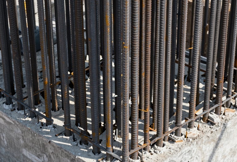 Close-up of high-strength steel rebar and concrete foundation work at a massive North American infrastructure project, showcasing the fundamental reliability of Mazeej engineering.