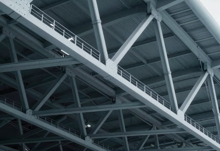 Clean, technical rendering of a steel roof truss system for a stadium. The image is rendered with steel blue-grey tones, emphasizing geometric perfection and advanced modeling.