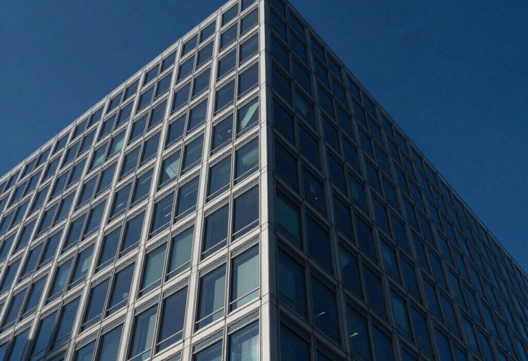 Low-angle shot looking up at the corner of a contemporary corporate headquarters building. The glass facade reflects a deep navy blue sky, emphasizing structural elegance and transparency.