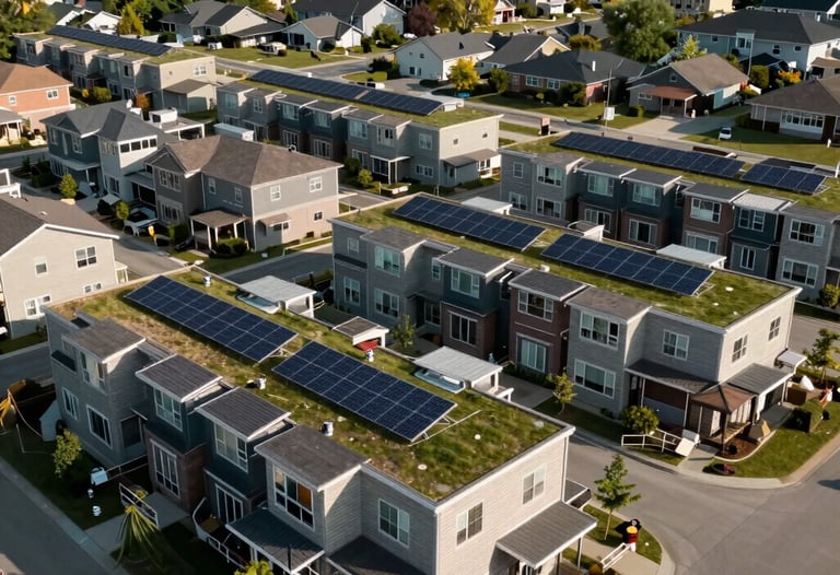 A wide shot of a sustainable residential complex in a North American suburban area. The architecture incorporates green roofs and solar panels, emphasizing the sustainable engineering solutions provided by the consultancy.
