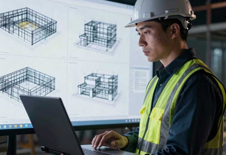 Construction supervisor on a North American site reviewing 3D structural models on a rugged laptop. High-contrast image with midnight slate and steel blue lighting.