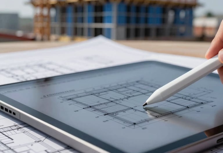 A close-up photograph of architectural blueprints and a digital stylus on a high-definition tablet. In the blurred background, a North American construction site with mist blue scaffolding is visible under a clear sky. The image emphasizes technical precision and modern consultancy tools.