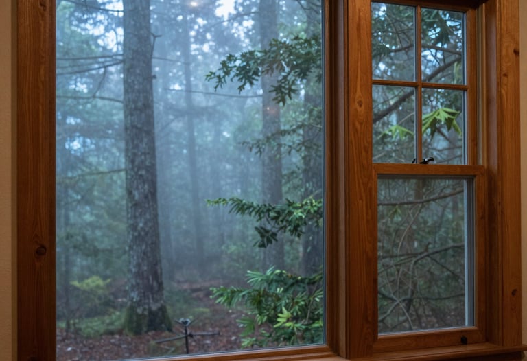 A portrait of an elegant North American interior with a large window looking out onto a misty forest. The lighting is diffused and cool, highlighting high-quality wood and textile textures.