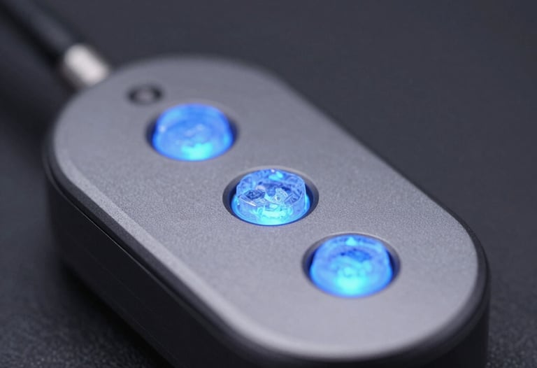 A macro shot of a sleek technological device with glowing ice blue indicators. The background is a blurred deep charcoal, focusing on the high-quality finish and precision assembly.