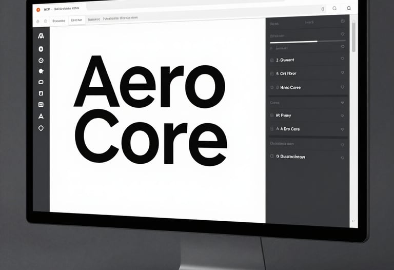 A sleek, minimalist digital interface displayed on a premium monitor in a modern studio. The UI features high-contrast typography and sophisticated layout structures consistent with the Aero Core brand.