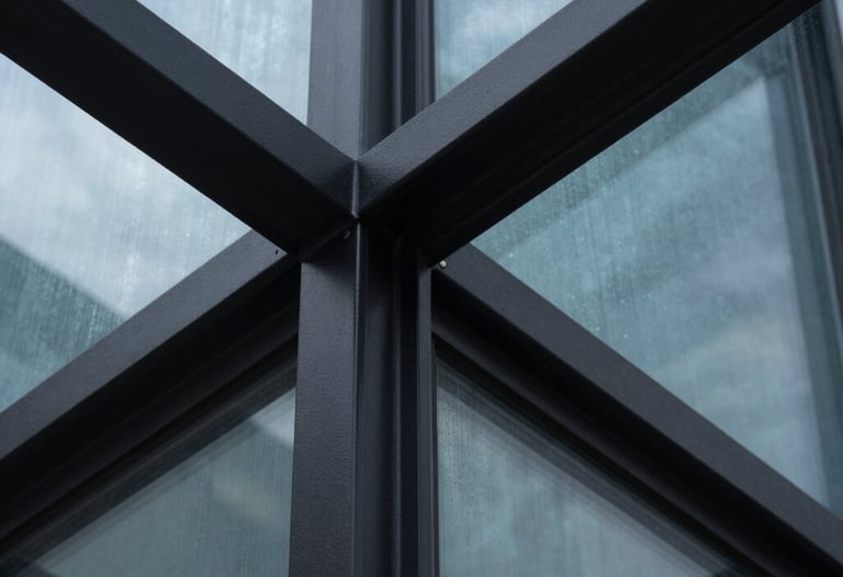A close-up, sharp architectural detail photograph of matte black metal and glass, with a hint of ice blue light reflecting off a polished surface. The composition is asymmetrical, suggesting precision and high-end engineering.
