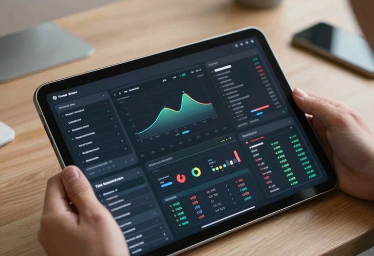 A dynamic shot of a digital interface on a tablet, held by a professional in a modern North American workspace. The screen displays complex but beautifully organized data visualizations.
