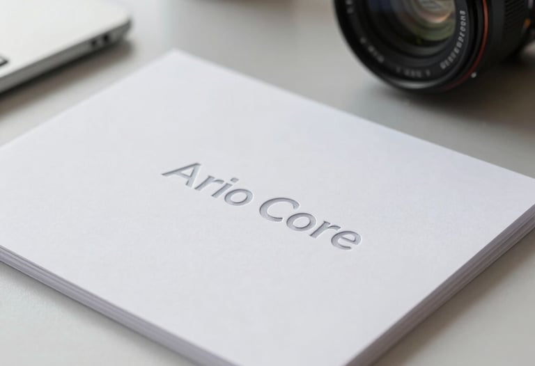 Professional photography of high-end corporate stationery featuring the Aero Core logo, embossed on premium arctic white paper, captured in a clean North American office setting with natural light.