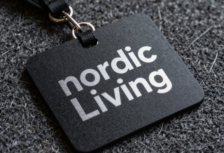 A sharp photograph of a bespoke keycard for Nordic Living, resting on a textured wool surface. The design is minimal with silver foil typography.