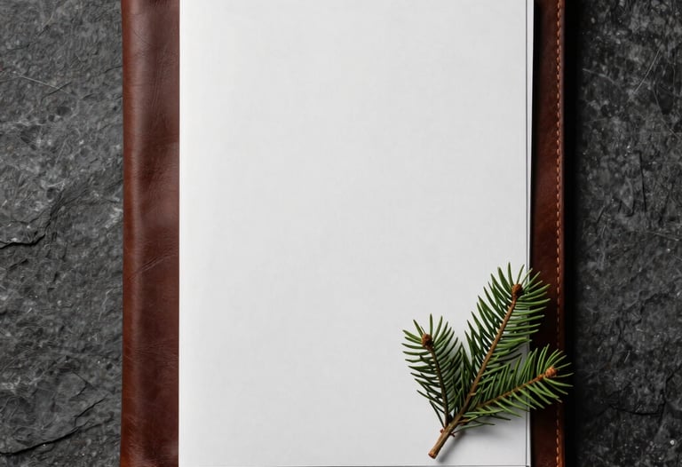 A top-down photograph of a leather-bound menu and a single sprig of evergreen on a rough stone surface, using a palette of deep charcoal and arctic white. Moody, high-end hospitality style.