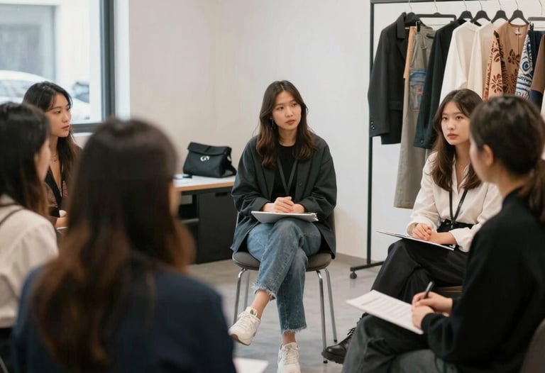 A group of diverse fashion professionals engaged in an interactive online course on digital textile design.