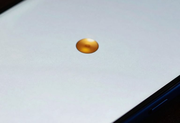 Macro shot of an Android device screen showing a high-fidelity prototype. The colors are ice white and navy blue, with a single amber gold button. North American / US context.