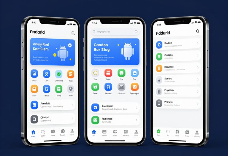 Clean and minimalist product render of three Android devices showing a consistent, sophisticated app interface. The background is a solid deep navy blue.