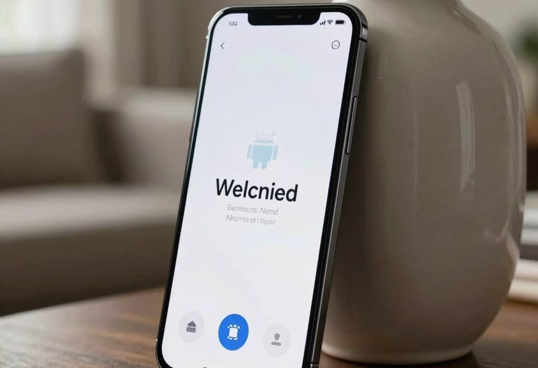 A sleek Android smartphone leaning against a designer vase in a sophisticated North American / US living room. The screen glows with a clean, approachable welcome screen.