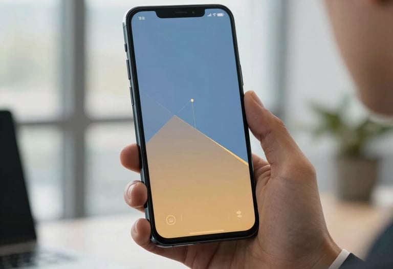Close-up photography of a professional in a North American / US corporate setting holding an Android smartphone. The screen shows a clean dashboard with slate blue and amber gold accents. Soft sunlight filters through an office window, highlighting the elegant design of the device.