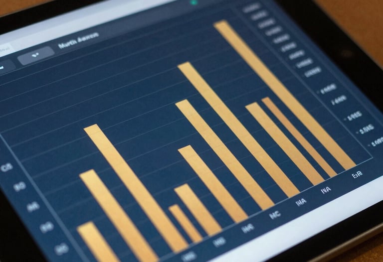 Close-up of a tablet screen in a North American / US corporate library. The screen displays a complex data visualization app with slate blue and amber gold bars, designed for clarity.