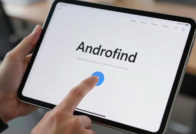 A close-up of a hand interacting with a modern Android tablet. The interface is clean, displaying sophisticated typography and functional elegance. North American / US office background, blurred.