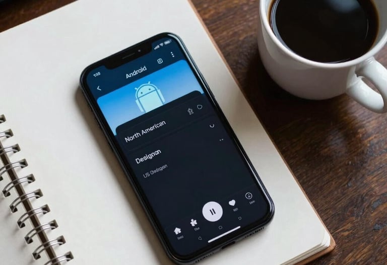 Top-down photography of a North American / US designer's desk. An Android phone is placed next to a sketchbook and a cup of black coffee. The phone screen shows a dark-themed app with sky blue accents.