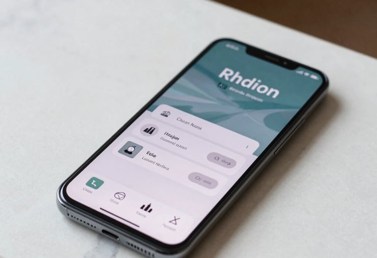 Clean product photography of a premium Android phone resting on a white marble surface in a North American / US home. The screen displays an app interface with functional elegance and minimal typography.