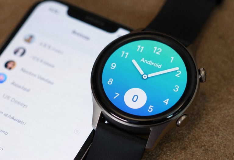 A close-up of an Android watch and phone synchronized. The interface is simple and useful. North American / US setting with a shallow depth of field.