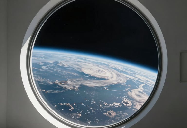A conceptual photograph of a sleek, minimalist interior of a futuristic habitat, looking out a large circular window at the curvature of the Earth in the blackness of space.