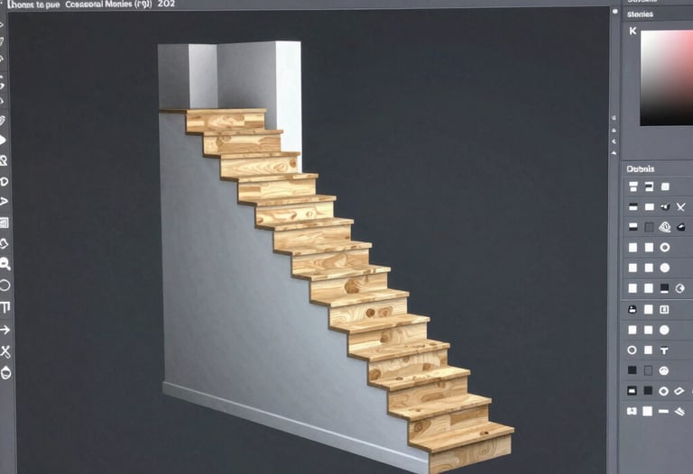 A close-up photograph of a professional CAD software interface showing a detailed 3D structure of a custom residential staircase in a US design studio.