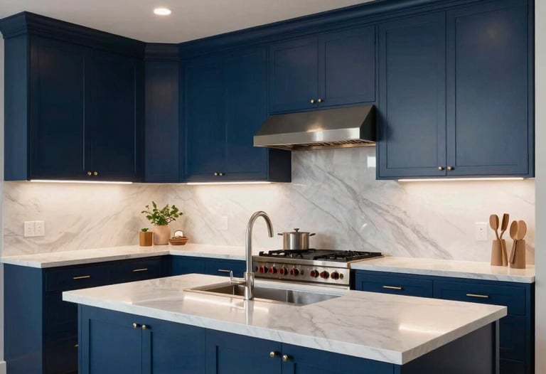 A professional architectural photo of a renovated luxury home kitchen in the US, featuring sleek deep blue cabinetry and light grey countertops with innovative recessed lighting.
