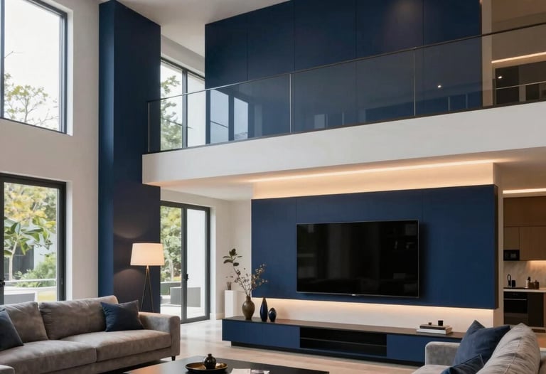 A high-end architectural photo of a contemporary living room in a North American home, featuring innovative custom lighting and sleek dark blue accents.