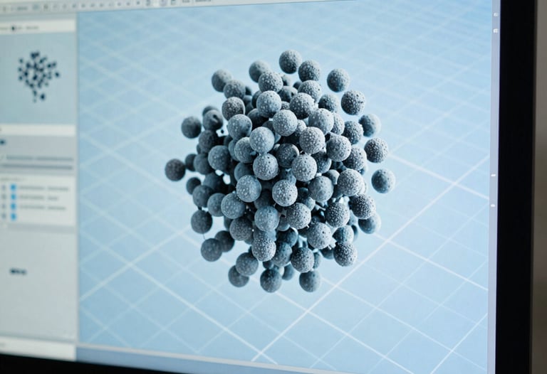 A detailed view of a computer monitor displaying a complex 3D grid and particle simulation in light blue and grey tones.