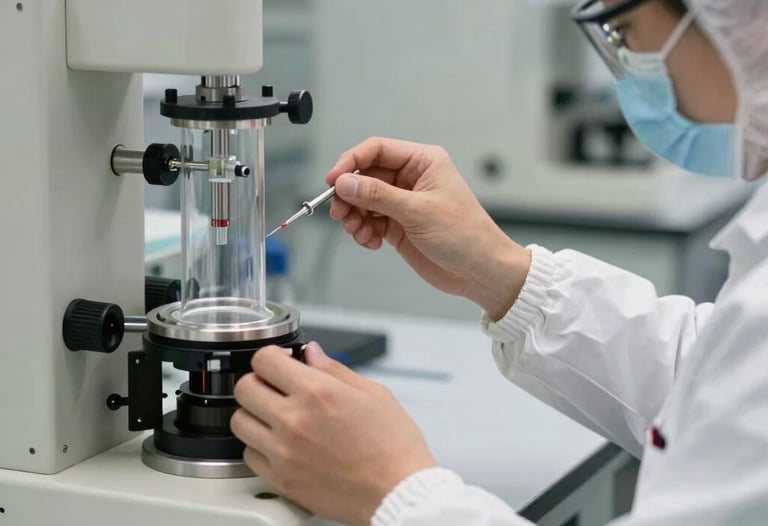 A photograph of a laboratory clean-room environment with a person in a white suit working with a delicate glass apparatus. Off-white and grey tones.