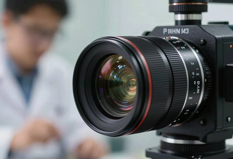 A clean photograph of a high-speed camera setup capturing a laboratory experiment, with blurred motion in the background and sharp focus on the lens.