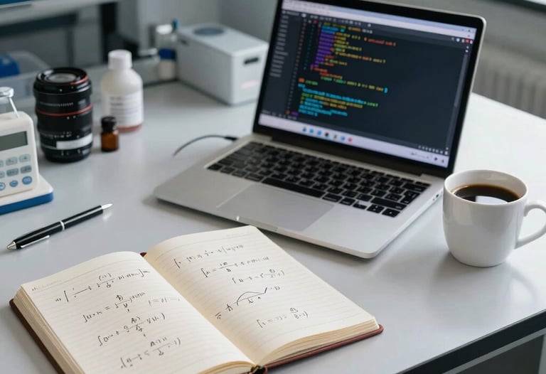 A wide desk in a brightly lit lab containing a notebook with mathematical equations, a laptop showing complex code, and a cup of coffee. North American setting.