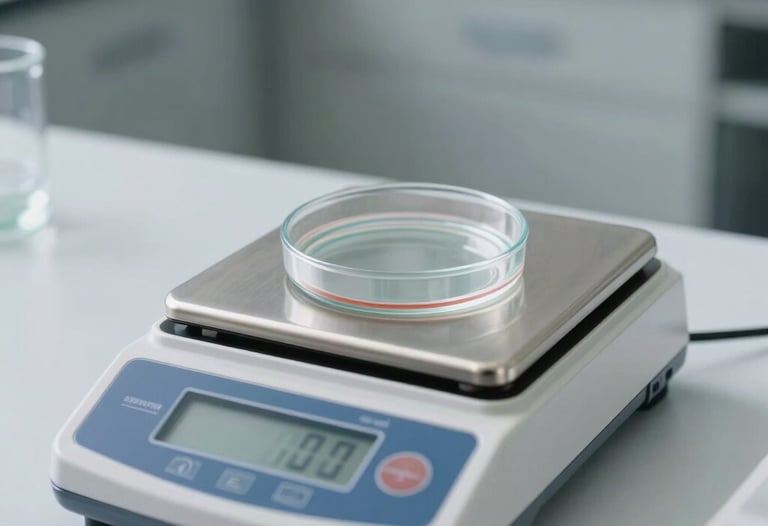 A minimalist photograph of a high-precision digital scale and a single petri dish in a sterile laboratory environment. The colors are white, silver, and slate blue.