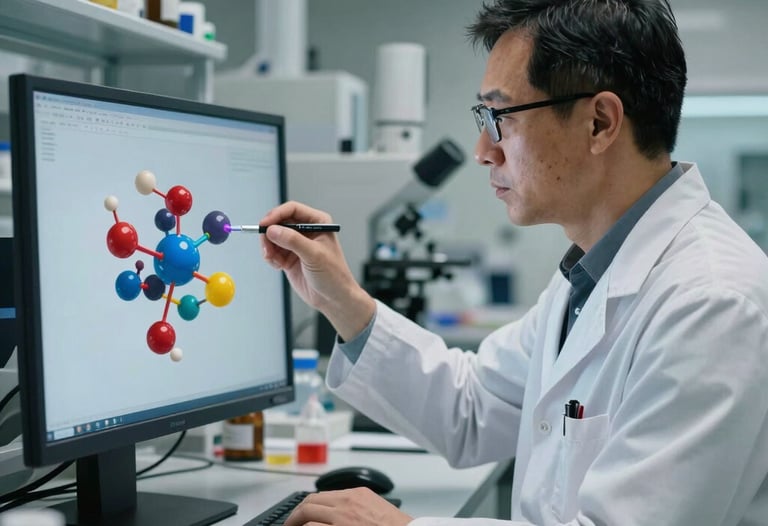 Professional portrait of a scientist in a North American research facility, wearing clinical attire, observing a complex 3D molecular model on a high-resolution display.