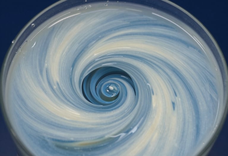 Close-up high-speed photography of a scientific fluid experiment, showing intricate turbulence patterns with precise focus. Light blue and off-white tones against a dark navy background.