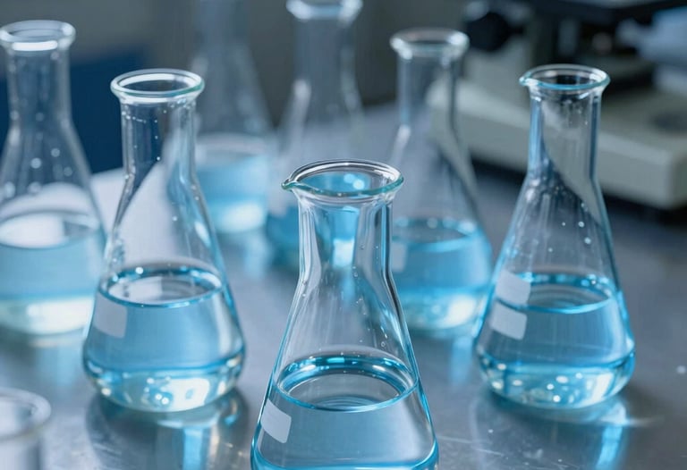 A series of laboratory flasks filled with clear solutions, illuminated by soft blue light, organized with geometric precision on a grey metal surface.