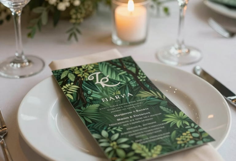 Atmospheric shot of an elegant wedding table setting in Brazil, featuring forest green menus and cream napkins, with soft candlelight.
