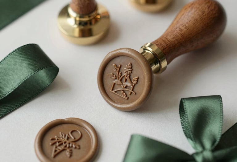 Detailed shot of custom wax seals and silk ribbons in forest green and tan tones, used for high-end wedding stationery, soft atmospheric lighting.