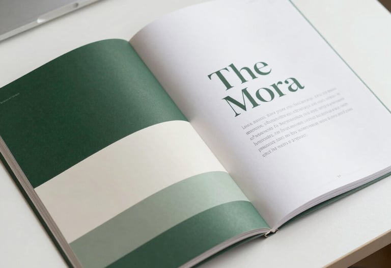 Top-down view of an open brand manual showing color swatches in forest green, sage, and cream, alongside elegant serif typography on a white desk.