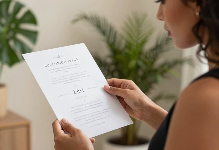 Elegant South American / Brazilian woman reviewing printed invitation drafts in a bright, sophisticated studio with green plants and cream walls.