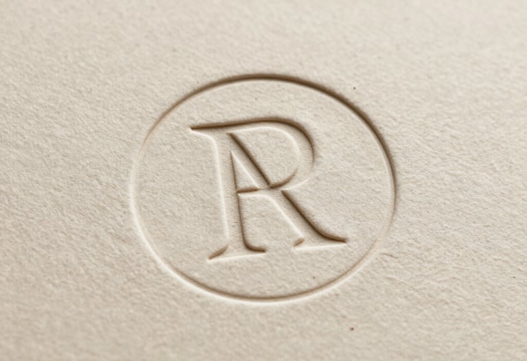 Macro photography of a minimalist logo embossed on high-quality cream-colored cardstock, soft shadow, elegant South American / Brazilian design aesthetic.