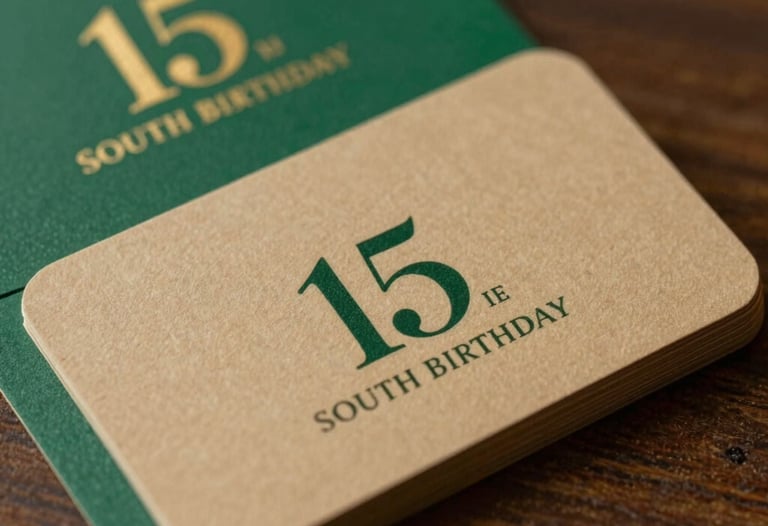 Close-up of a premium business card and brand manual for a 15th birthday party, showing warm tan and forest green color palette, sophisticated typography, soft focus background, South American / Brazilian luxury style.