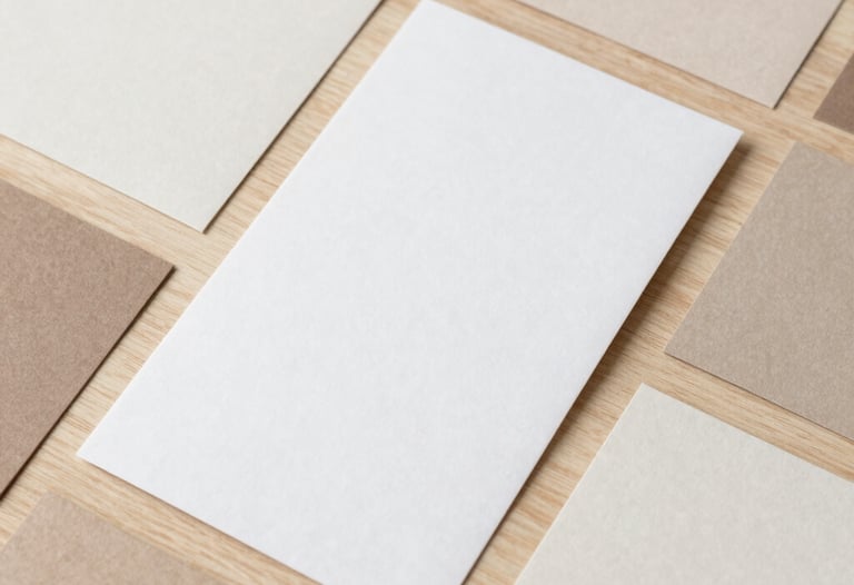 Professional flat lay photography of printed paper samples and digital invitation templates in soft earthy tones and off-white, arranged on a light wood surface.
