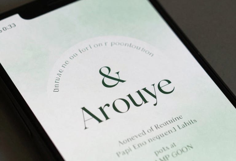 Clean shot of digital invitation designs on a smartphone screen, showcasing elegant serif fonts and a minimalist layout in soft green tones.