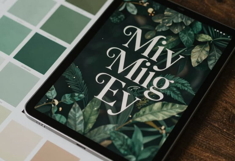 Display of elegant typography on a digital tablet next to physical color palettes in forest green and tan tones, reflecting a blend of digital and physical design.
