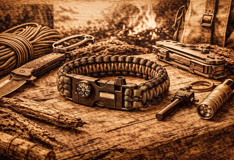 wood burnt-picture-of-survival-gear-on-a-log