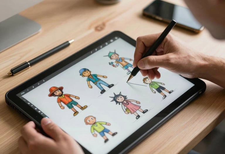 Professional photography of a developer's hands sketching game character designs on a digital tablet in a sunlit North American US workspace.