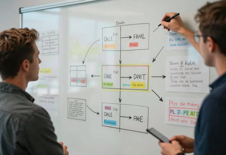 A professional photo of a North American US team brainstorming game levels on a large glass whiteboard with colorful sketches.